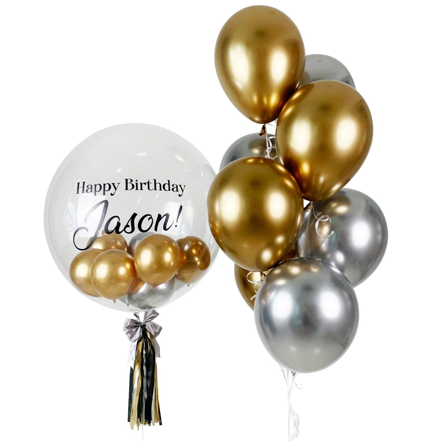 Gold & Silver Chrome Helium Balloon Bunch with Bubble