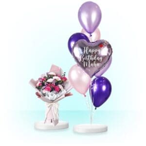 Helium Balloons & Fresh Flower Bundle - Purple Pink Metallic Heart