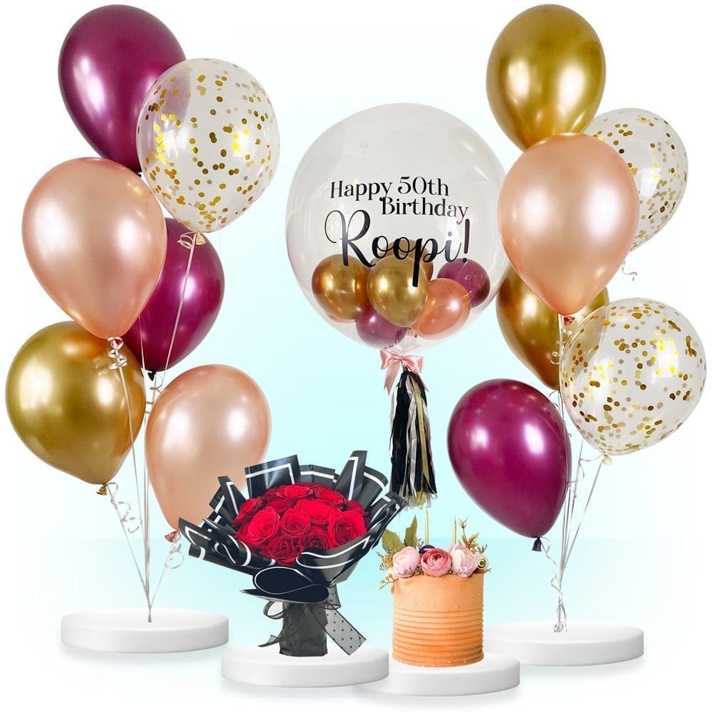 Helium Balloons, Cake & Roses Flower Bouquet Bundle