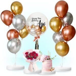 Chrome Gold Helium Bubble Balloons, Fresh Roses & Birthday Cake