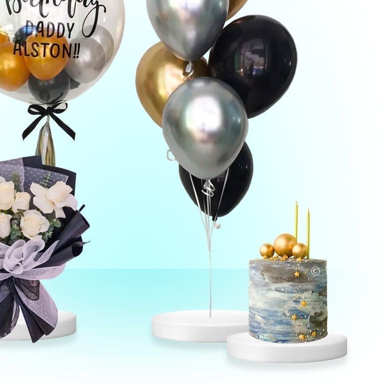 Daddy's Bundle #2, Designer Cake, Chrome Balloons & Elegant Roses