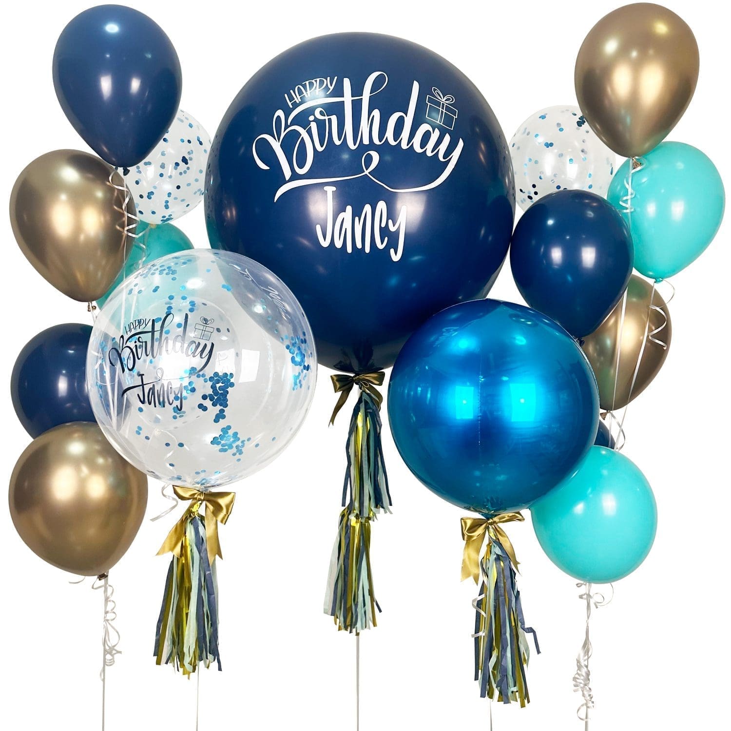 Extravagant Gold & Blue Helium Balloon Bouquet