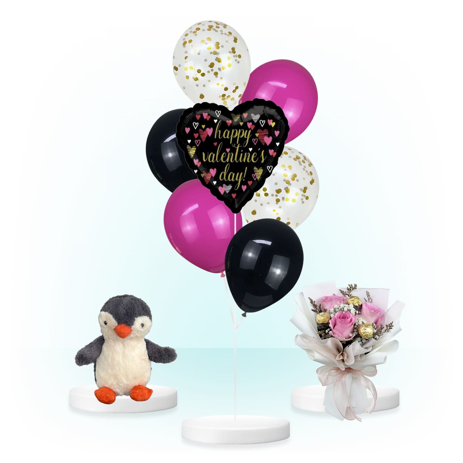 Sketchy Hearts Valentine's Day Balloon, Flower, Plushie Bundle