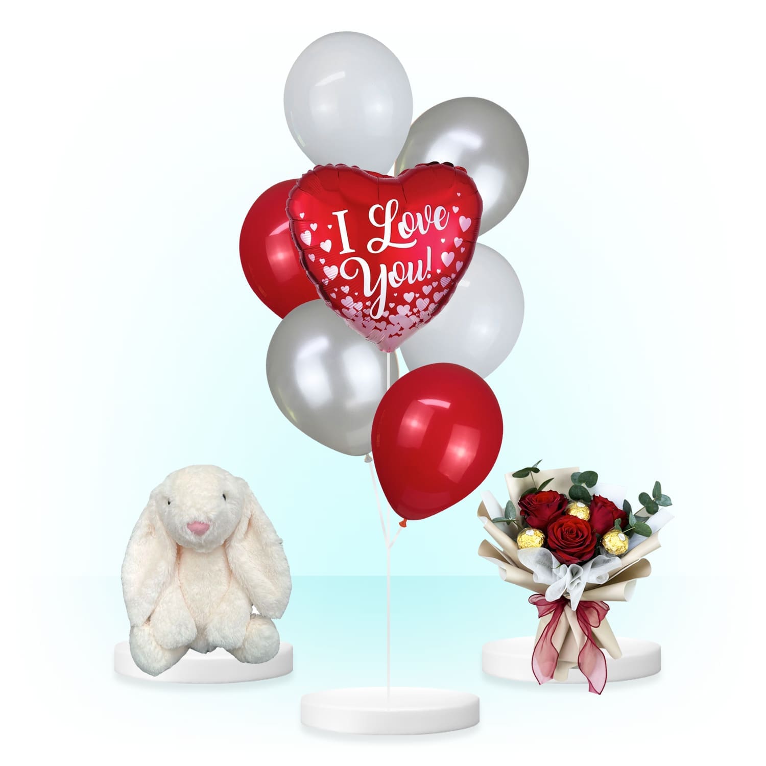 Rose Gold Hearts Valentine's Day Balloon, Flower, Plushie Bundle